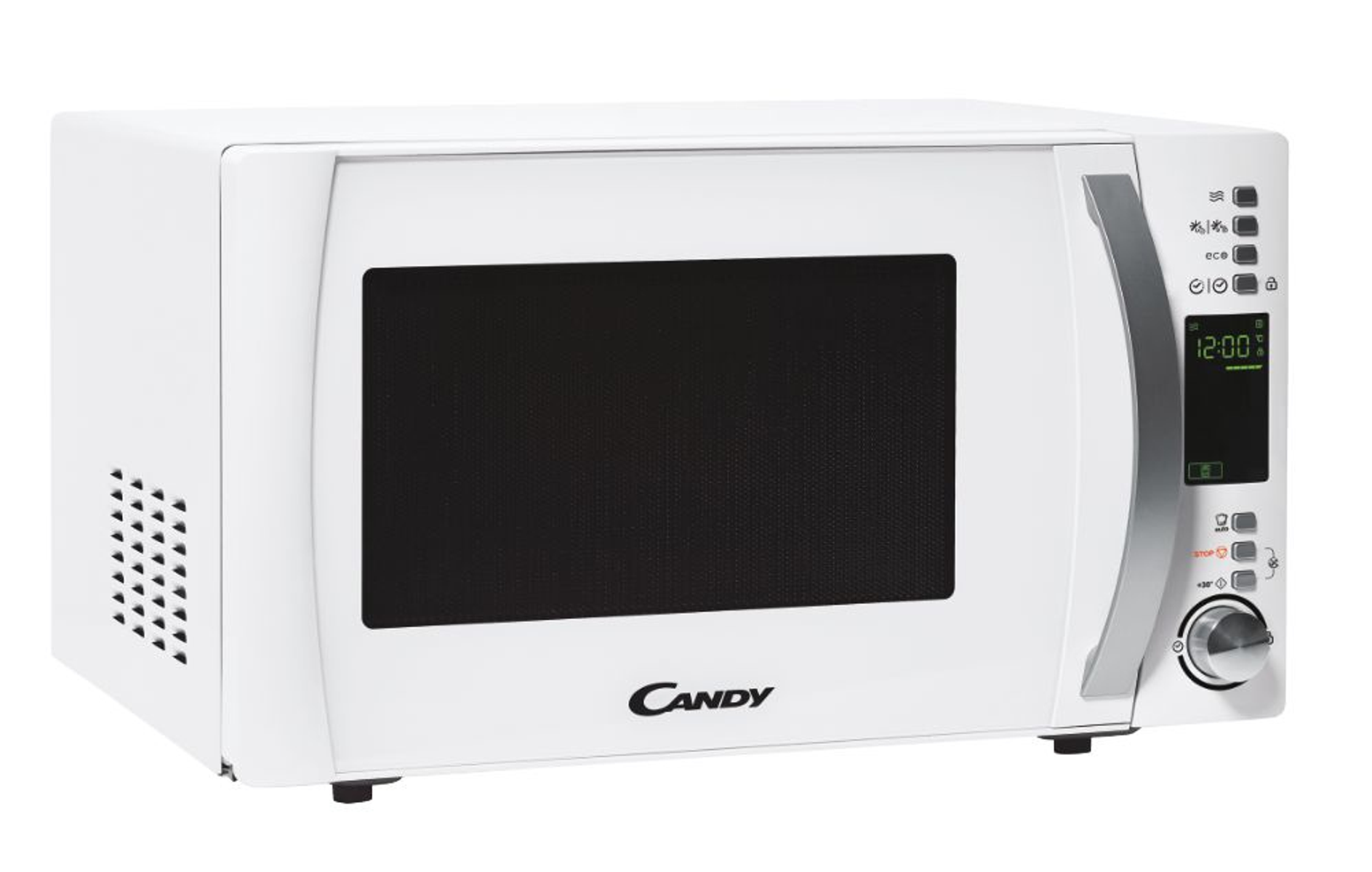 Forno a microonde bianco con display digitale, pulsanti e maniglia su sfondo bianco.