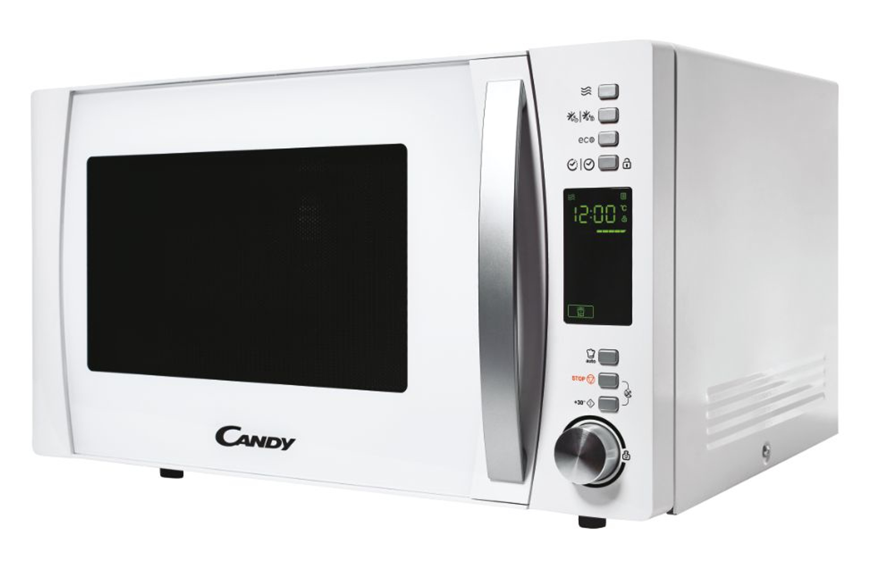 Forno a microonde bianco. Porta in vetro nero. Pannello di controllo con display. Logo Candy.