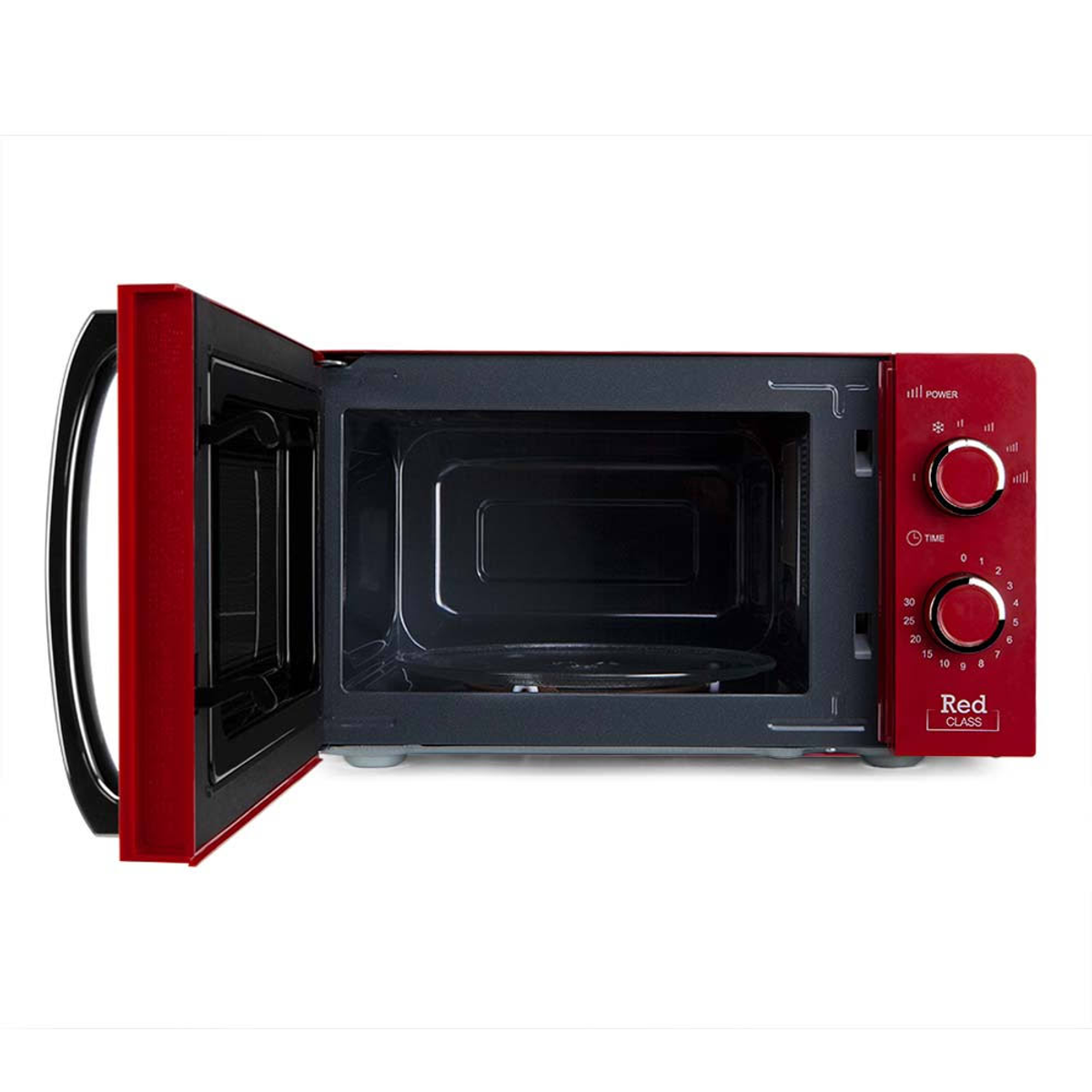 Czerwona kuchenka mikrofalowa z otwartymi drzwiami, pokazująca wnętrze. Sterowanie po prawej.