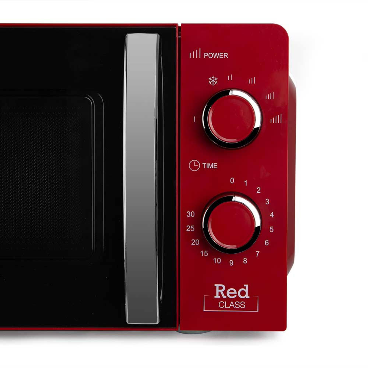 Czerwona kuchenka mikrofalowa z czarnym wnętrzem. Panel sterowania ma pokrętła i przyciski.