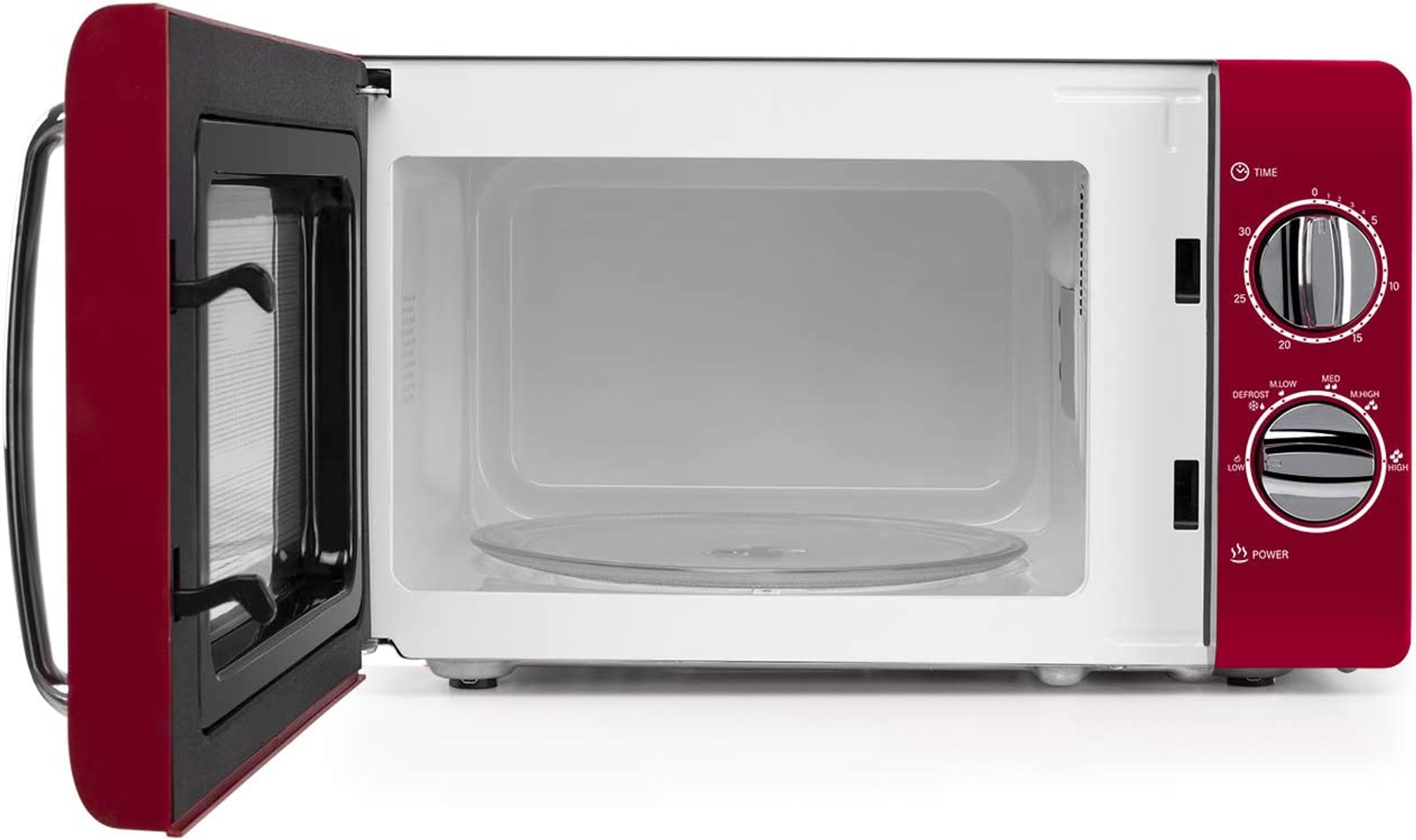 Czerwona kuchenka mikrofalowa otwarta. Szklany talerz w środku, panel sterowania po prawej.