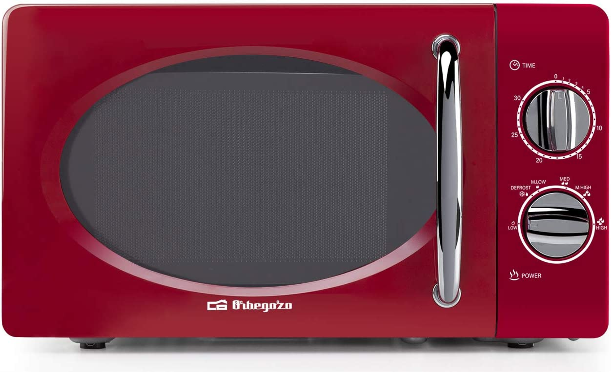 Czerwona kuchenka mikrofalowa w stylu retro. Ma szklane drzwi i panel sterowania po prawej stronie.