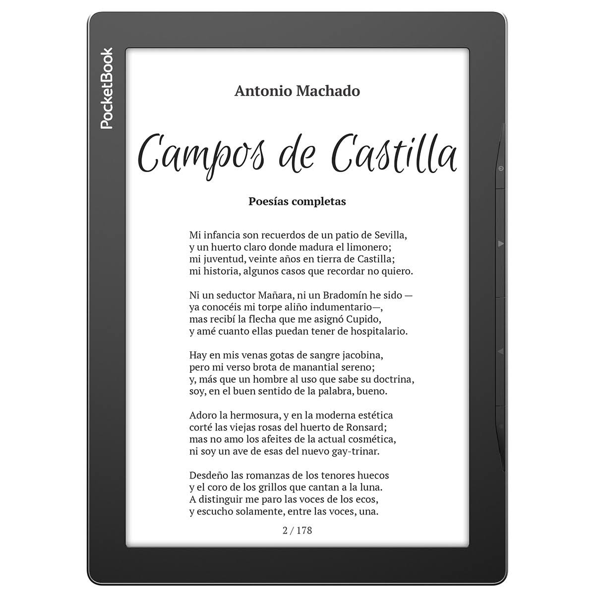 Ein E-Reader, der Text aus 'Campos de Castilla' von Antonio Machado anzeigt.