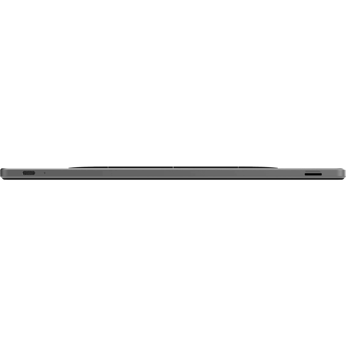 Ein graues Tablet von der Seite gesehen. Ein Ladeanschluss und ein kleiner Knopf sind sichtbar.