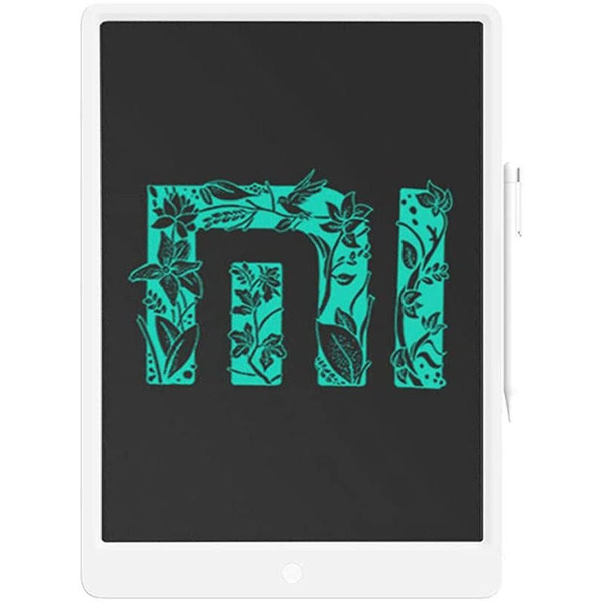 Un tablet nero con il logo MI turchese stilizzato, decorato con motivi floreali.