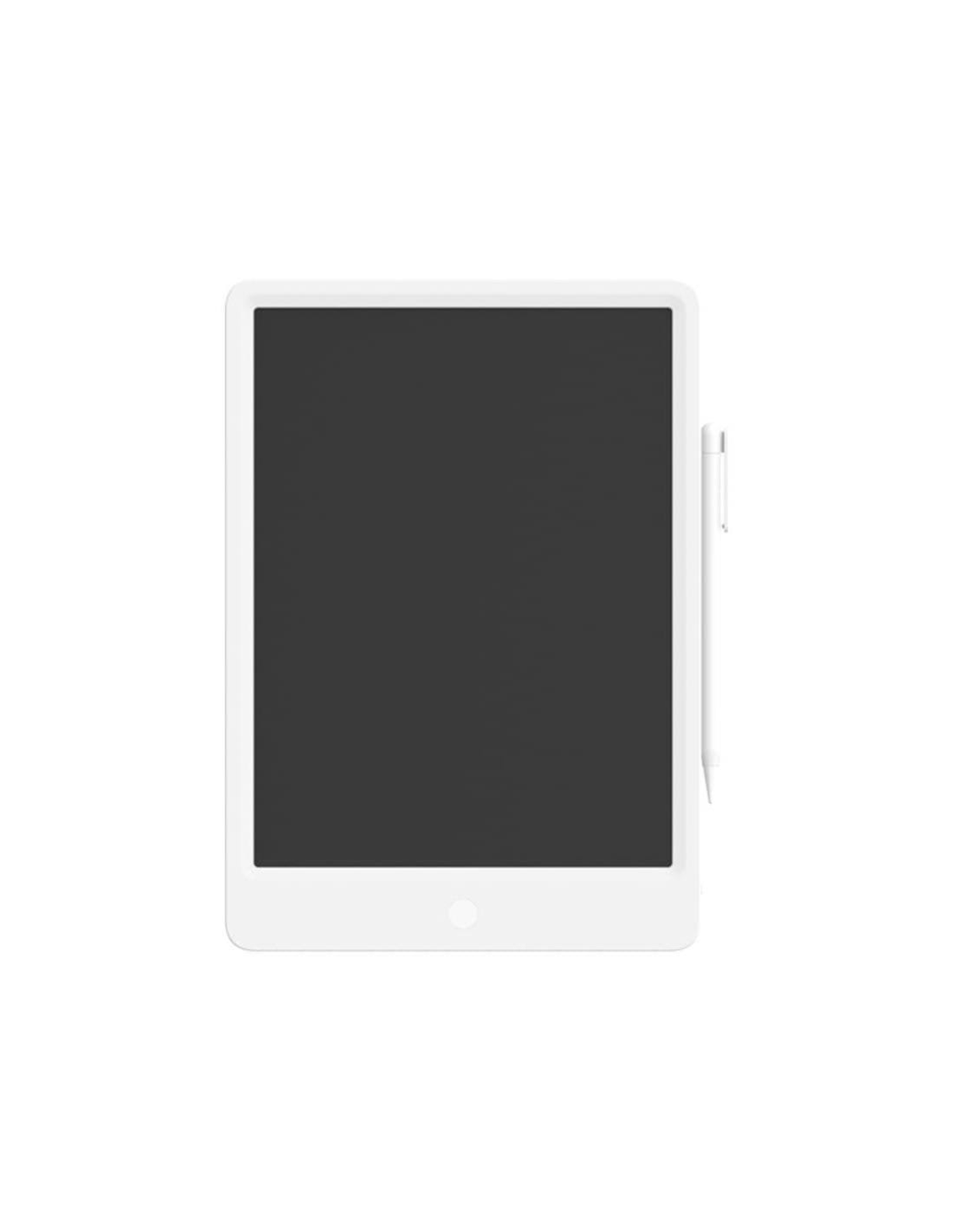 Tablette blanche avec écran noir et stylet, isolée sur fond blanc.
