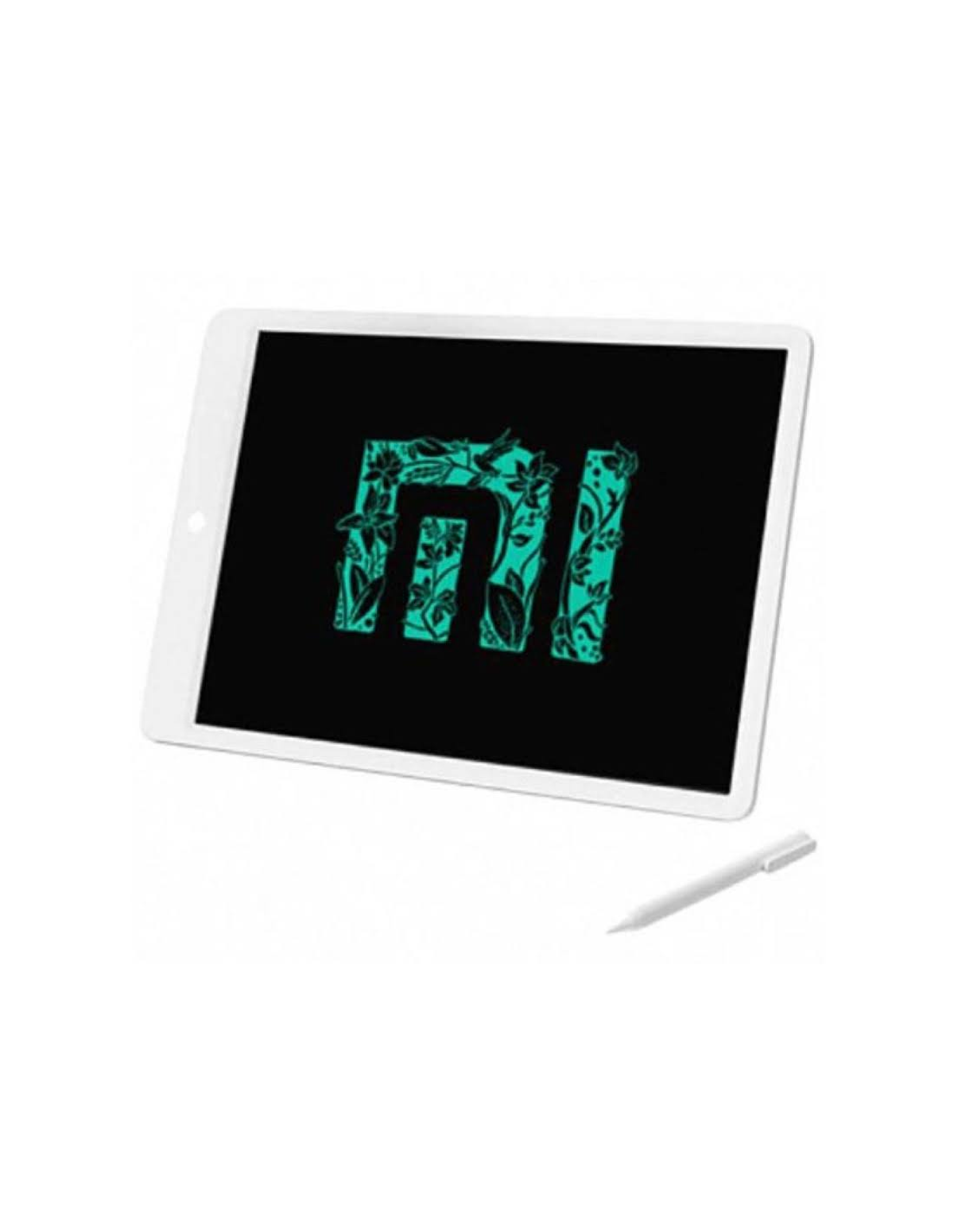 Une tablette blanche avec un écran noir, affichant un logo MI floral vert et un stylet.