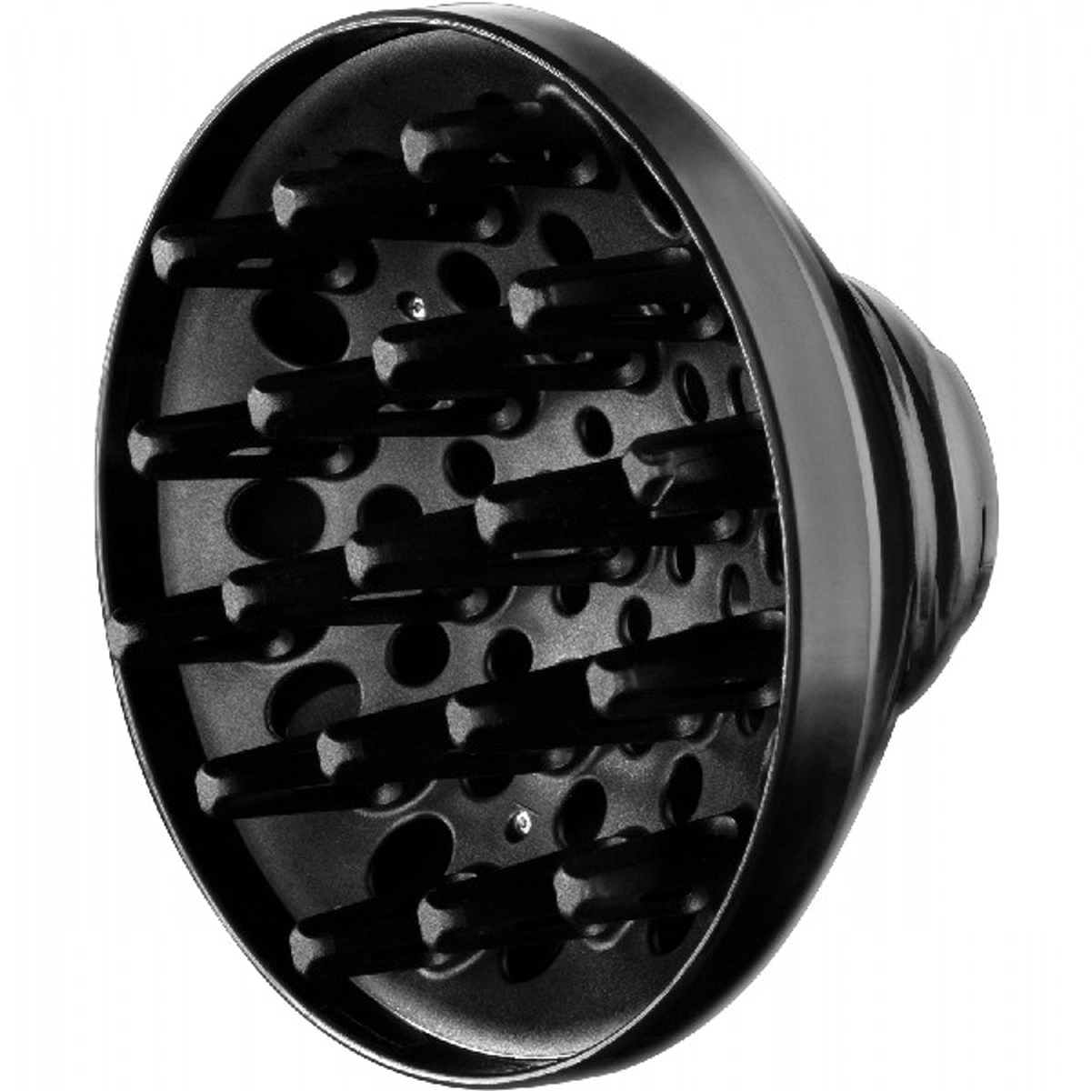 Czarny dyfuzor do suszarki do włosów z wieloma małymi ząbkami. Izolowany na białym tle.