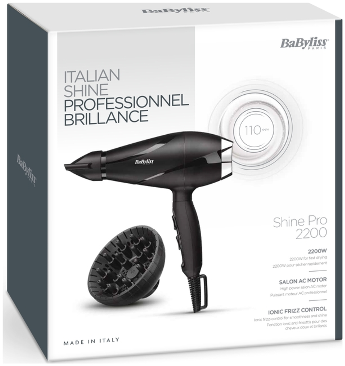 Czarna suszarka do włosów z nasadkami, opakowanie jest białe z napisami.