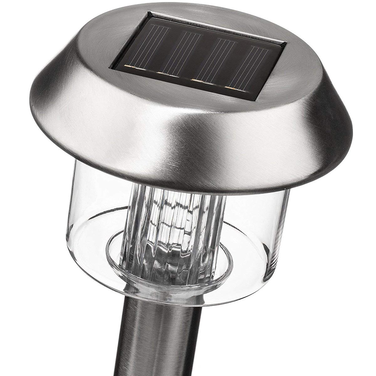 Eine Solar-Gartenleuchte mit silbernem Gehäuse, klarer Kunststoffabdeckung und Solarpanel oben.