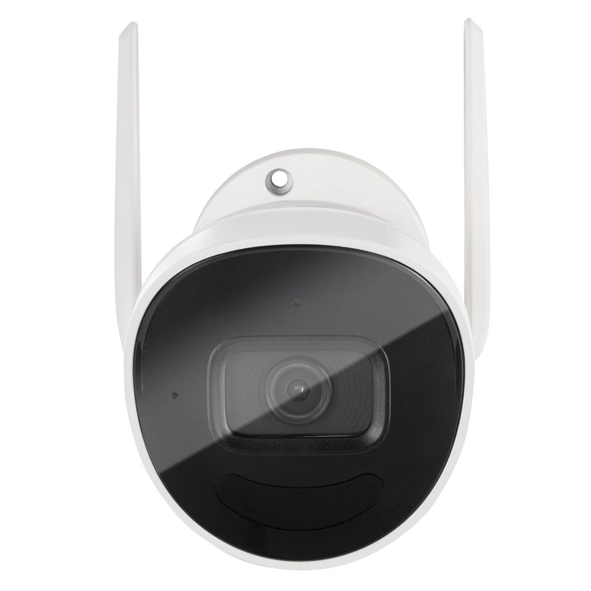 Telecamera di sicurezza per esterni bianca con due antenne. Sfondo bianco.