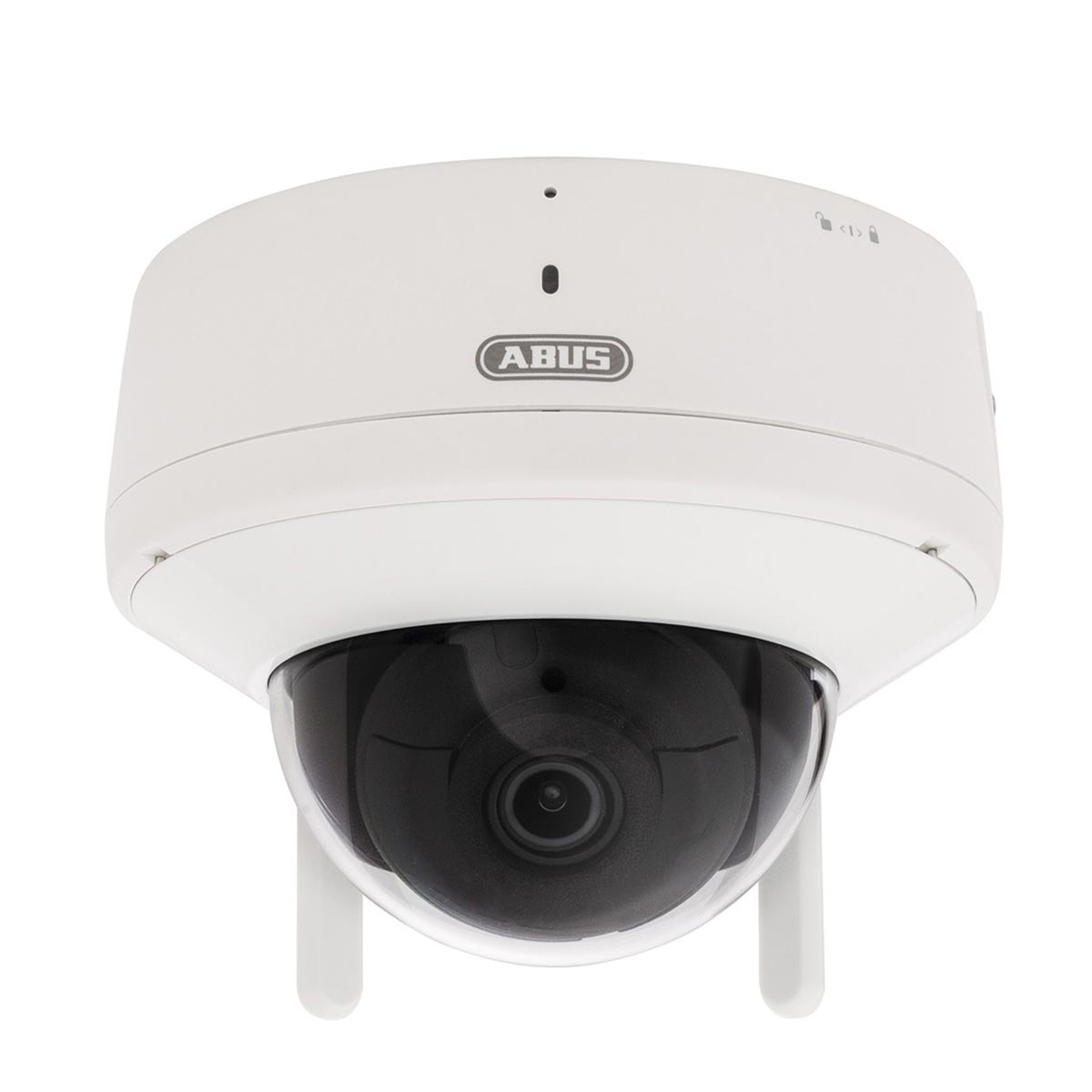 Telecamera di sicurezza ABUS bianca con cupola nera, due bracci bianchi su sfondo bianco.