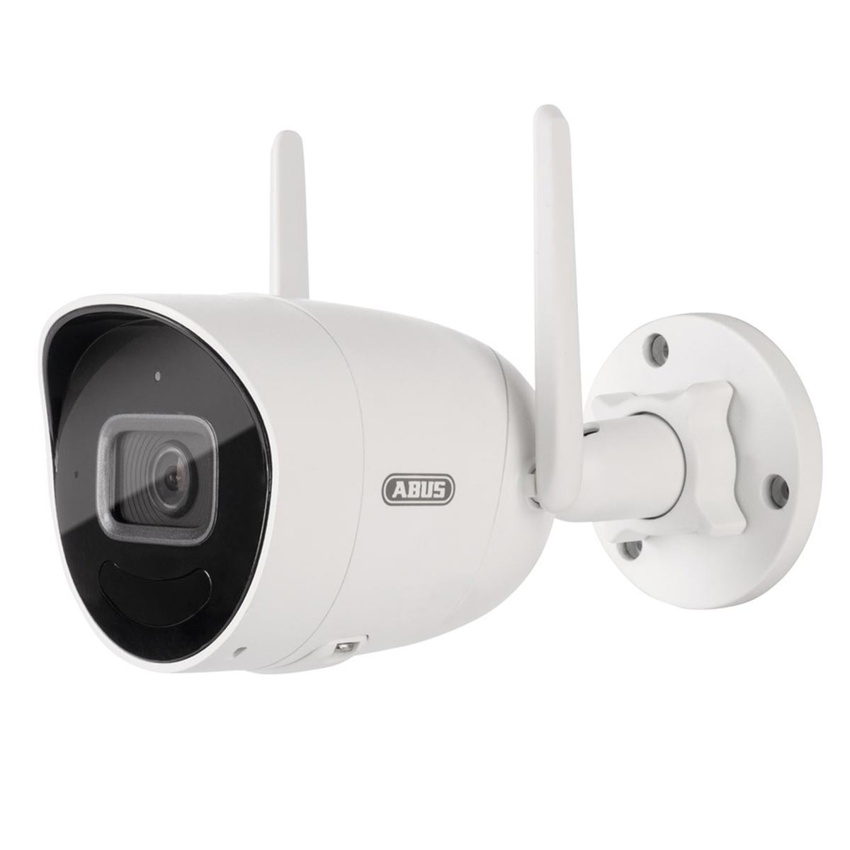 Telecamera di sicurezza bianca con antenne, che mostra il marchio ABUS, montata su un muro.