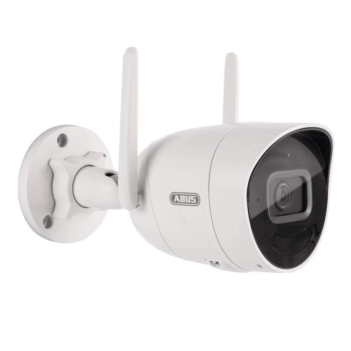 Una telecamera di sicurezza bianca montata su un muro, con due antenne e il marchio 'ABUS' visibile.
