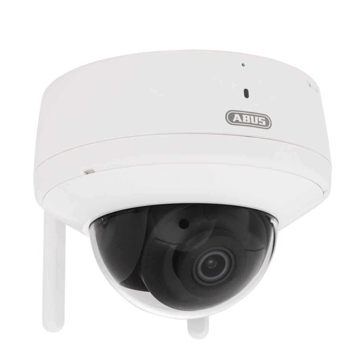Telecamera di sicurezza bianca con lente a cupola nera. Il marchio 'ABUS' è visibile.