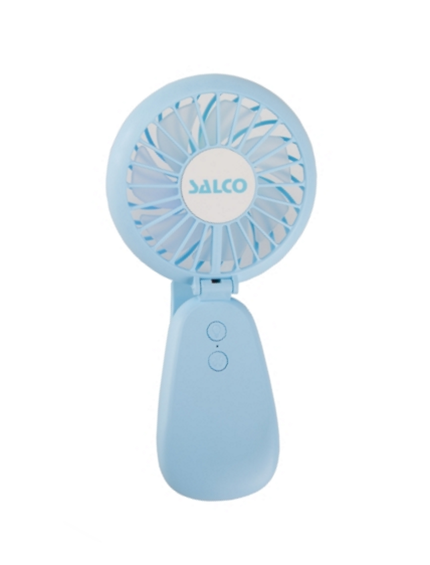 Ein blauer Handventilator mit zwei Knöpfen und einem Lüfterblattdesign.