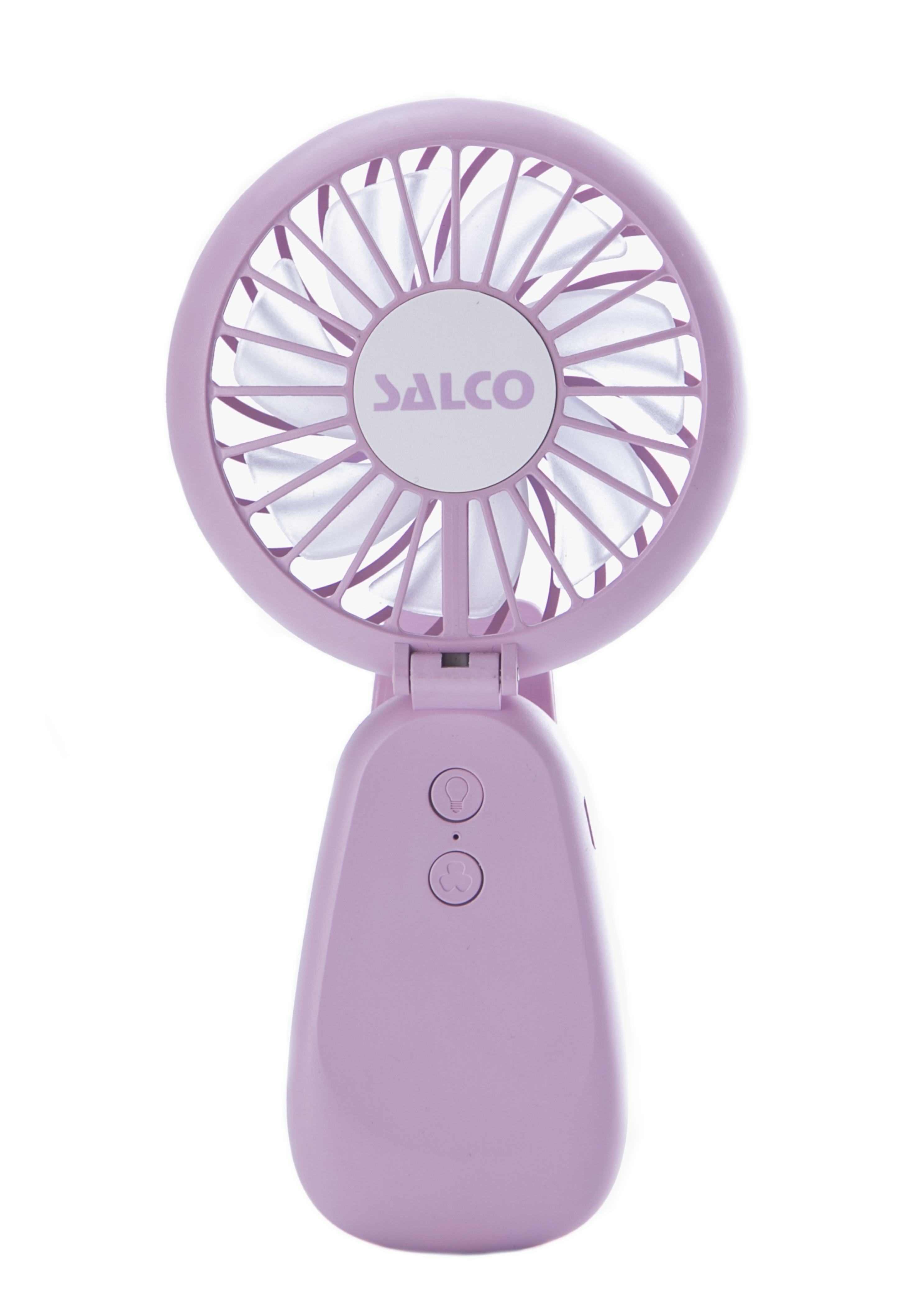Ein rosa Handventilator mit Klappgriff und zwei Knöpfen.