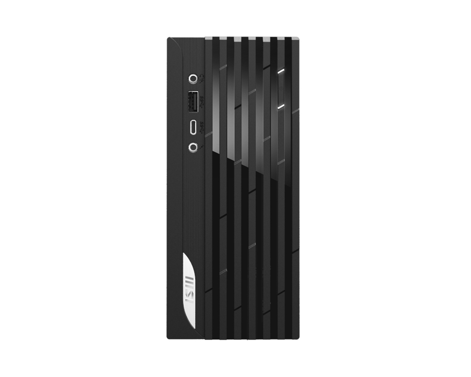 Torre per computer nera dal design elegante. Ha un pannello laterale con un logo.