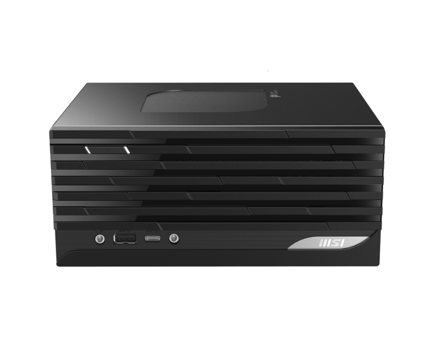 Un computer desktop MSI nero con una parte superiore a rete. La parte anteriore ha porte e un logo.