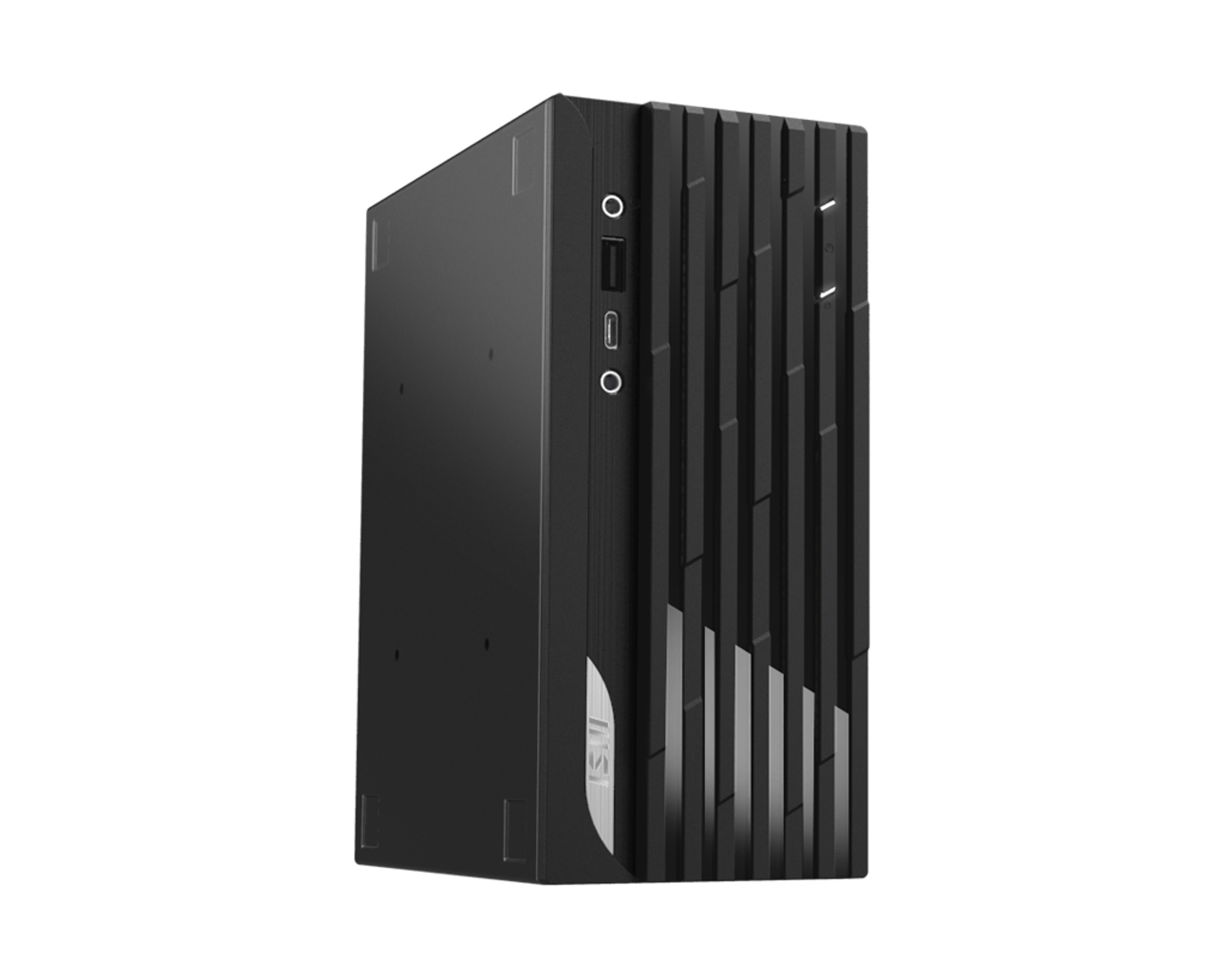Tower per computer desktop nero con pannello frontale strutturato. Logo MSI argento.