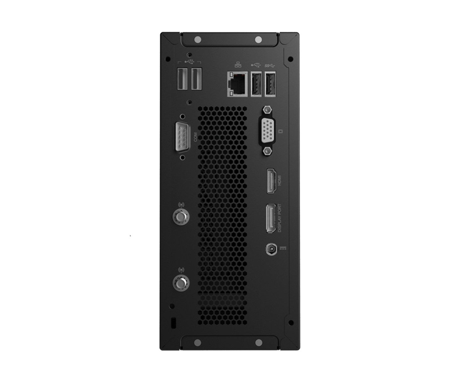 Vista posteriore di un mini PC nero con varie porte e connessioni visibili.