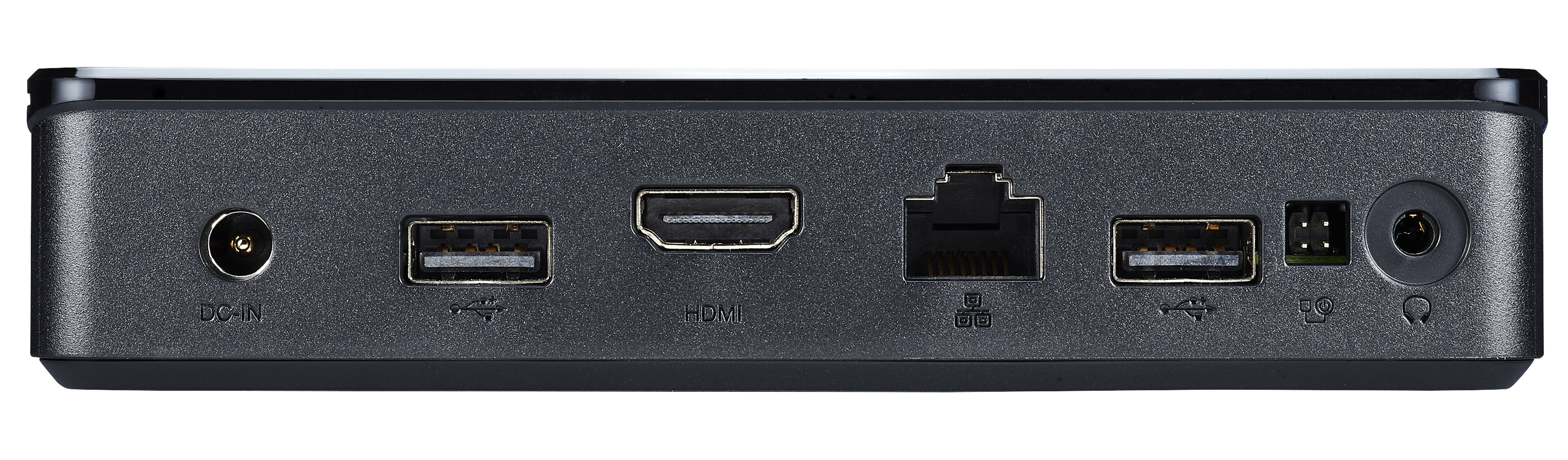 Dispositivo gris oscuro con puertos HDMI, USB, Ethernet y DC IN. Los puertos están etiquetados.