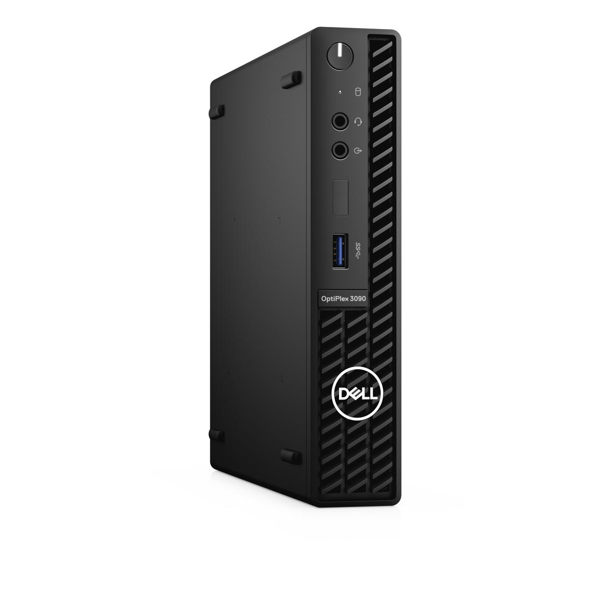 Computadora Dell OptiPlex 3090 negra. El lado muestra puertos y el logotipo de Dell. Fondo blanco.