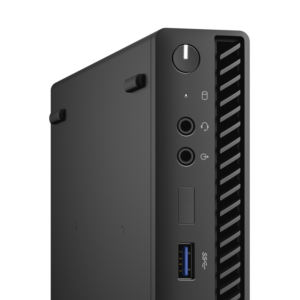 Miniordenador negro. Tiene botón de encendido, puertos de audio y USB. La parte delantera tiene líneas diagonales.