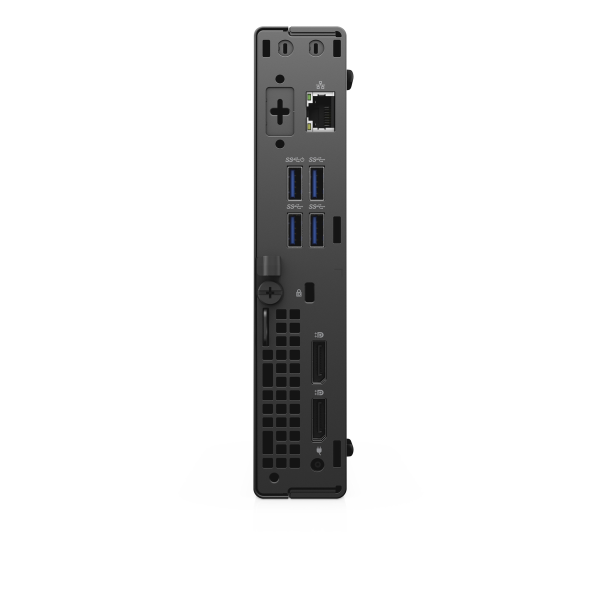 Ordenador negro. Vista trasera con puertos, incluyendo USB y Ethernet.