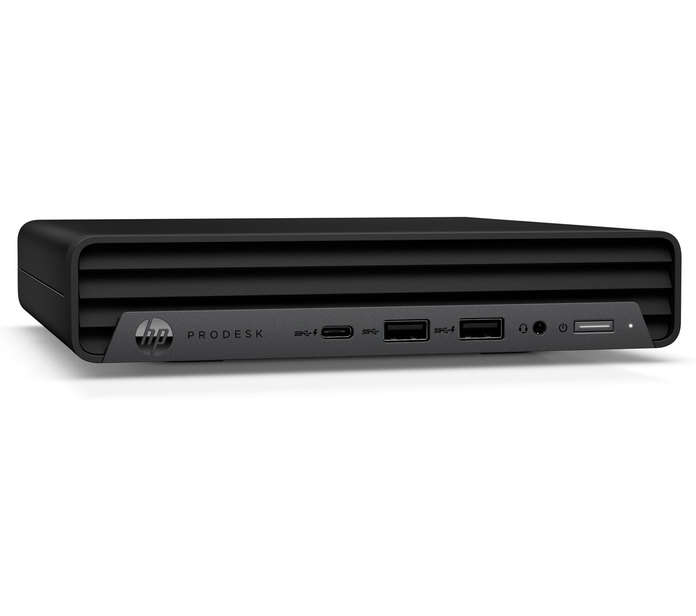 Mini PC HP ProDesk negro. Puertos frontales visibles. Fondo blanco. Vista frontal.