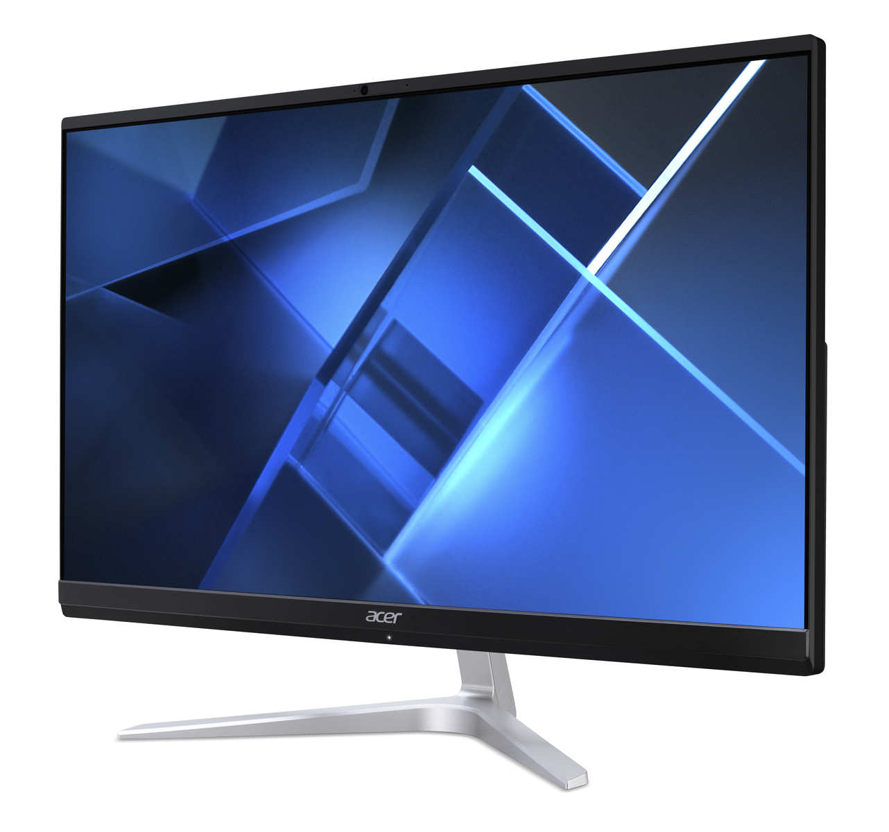 Un grande monitor per computer con un sottile supporto argentato e un display a tema blu, contro uno sfondo bianco.