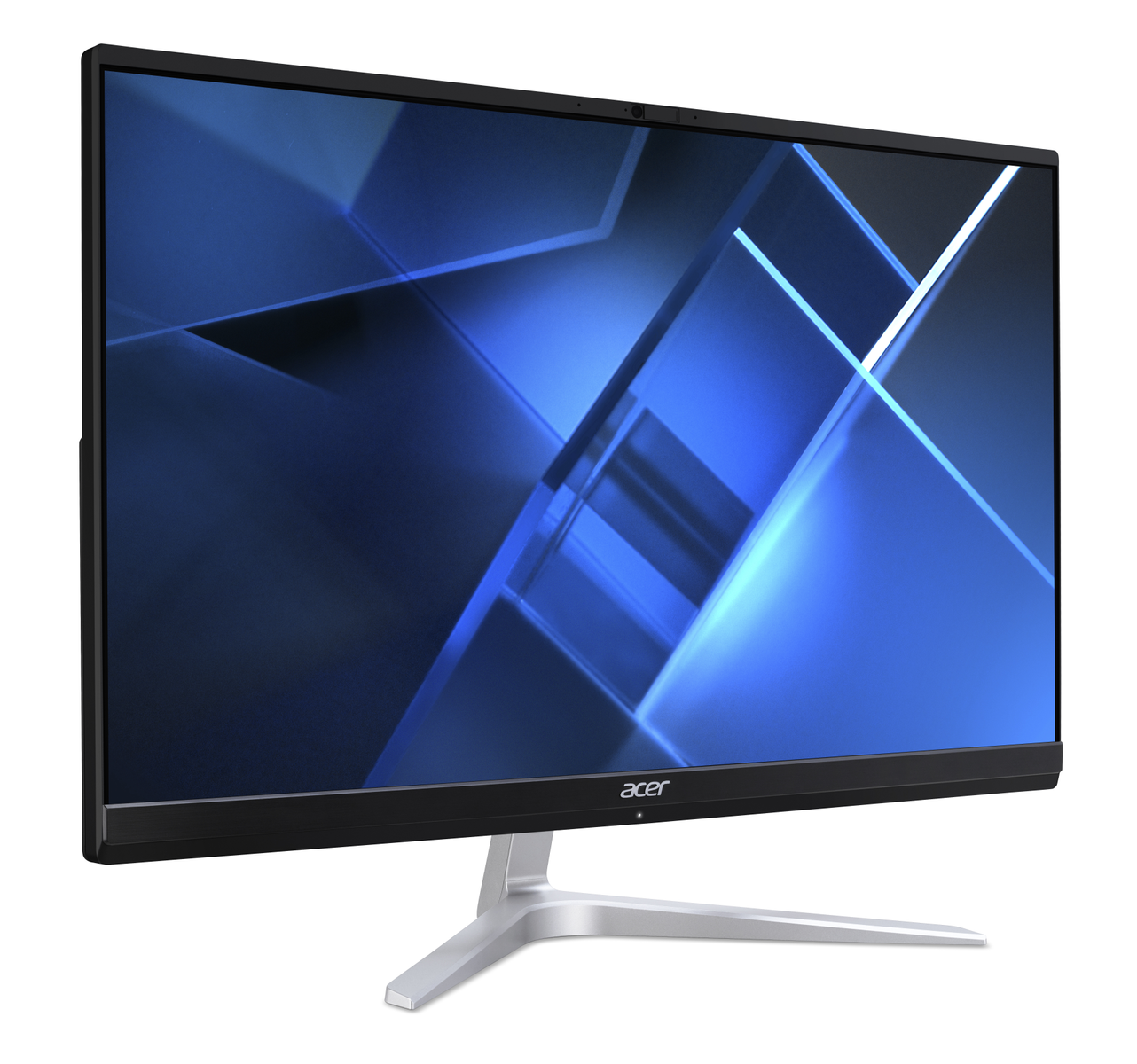 Un monitor di computer con una cornice nera e un supporto. Lo schermo ha un design geometrico blu.