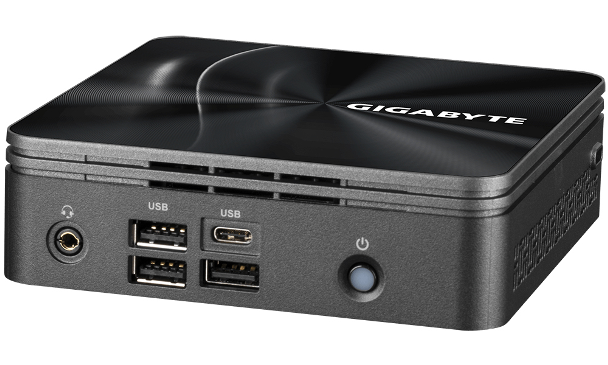 Schwarzer Gigabyte Mini-PC mit USB-Anschlüssen und Netzschalter.