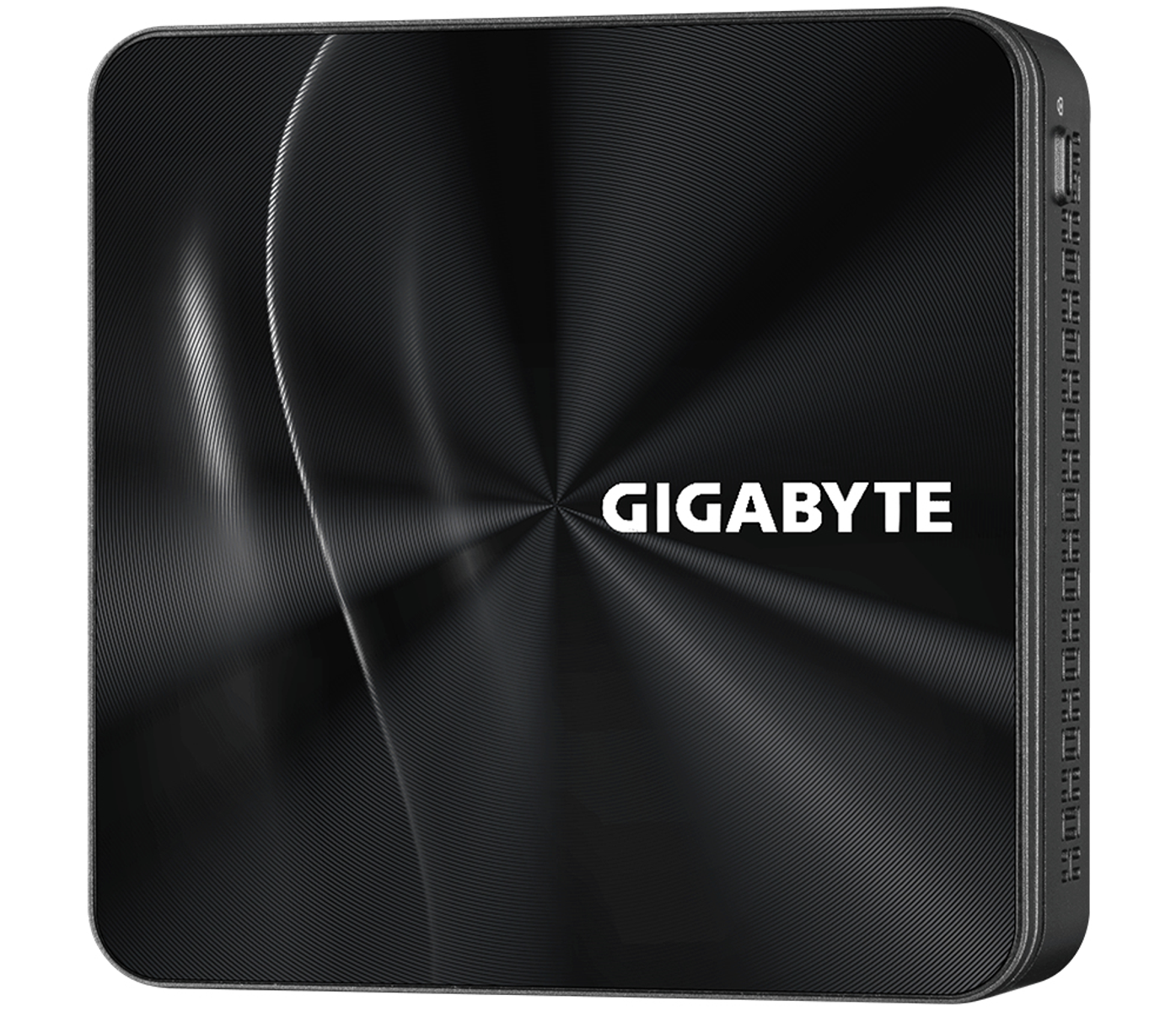 Schwarzer Computer mit Gigabyte-Logo auf strukturierter Front.