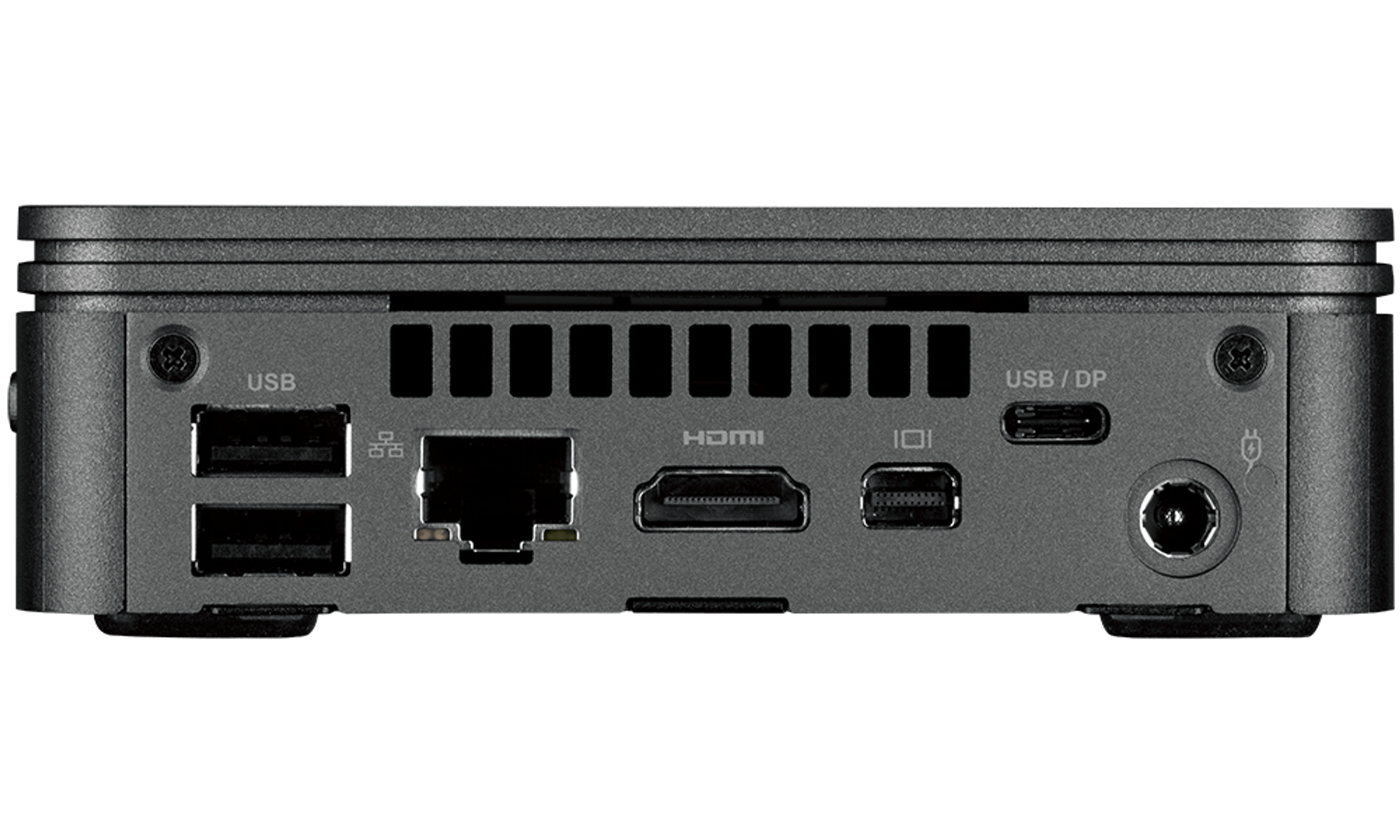 Schwarzes Gerät mit Anschlüssen: USB, Ethernet, HDMI und Strom. Weißer Hintergrund.