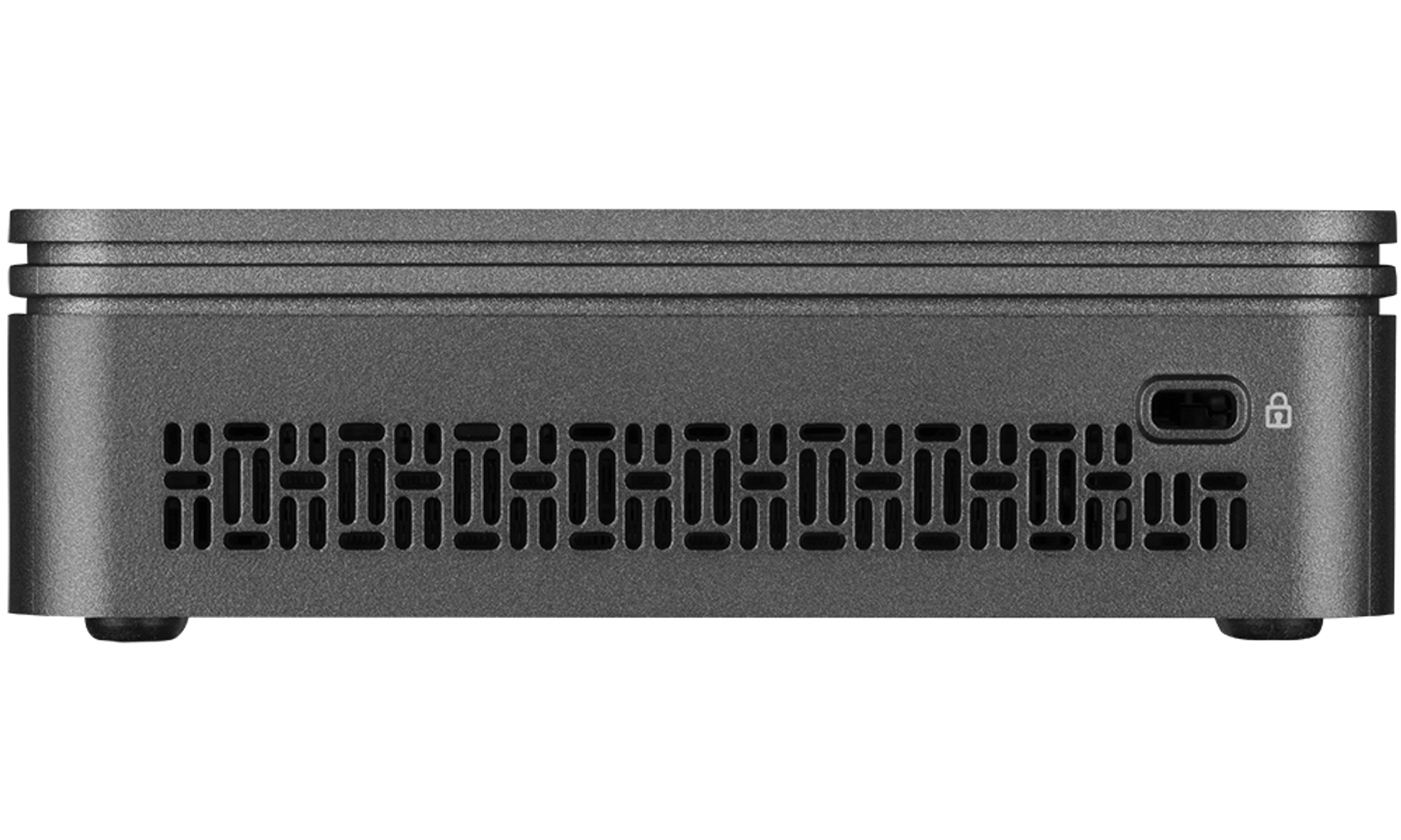 Dunkelgrauer Computer. Die Rückseite mit einem Lüftungsgitter und einigen Anschlüssen.