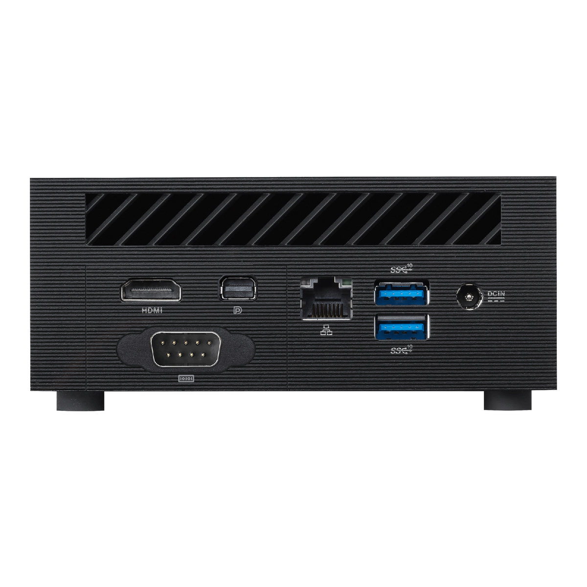 PC negro con HDMI, USB y otros puertos en la parte trasera. Tiene una base negra.