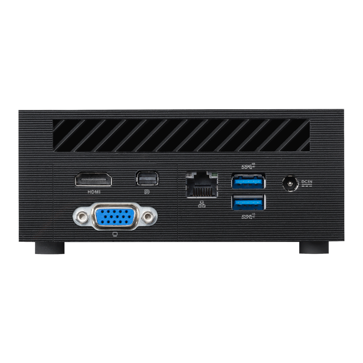 Panel trasero de una computadora negra con varios puertos y conexiones, aislado.
