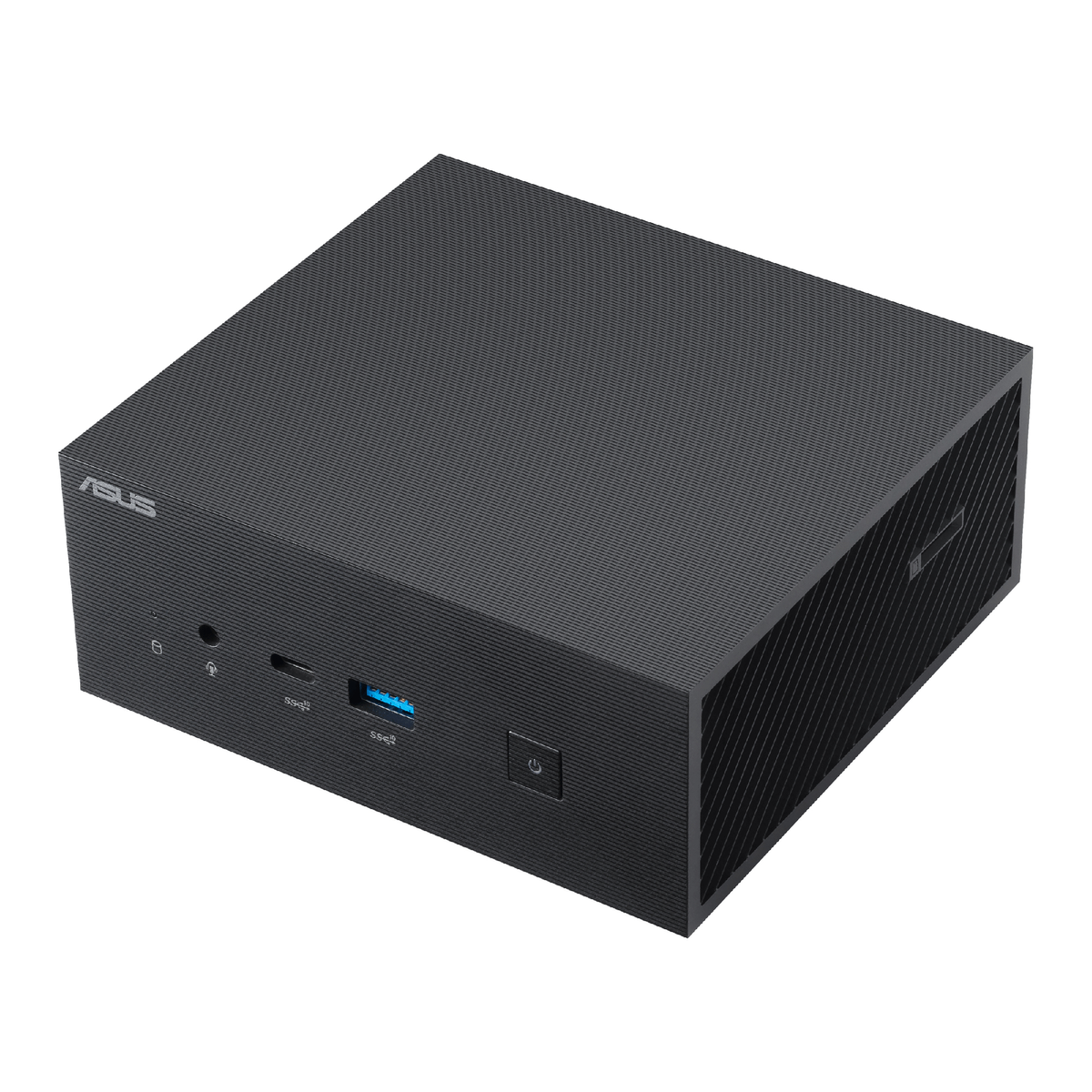 Mini PC ASUS negro. La parte frontal tiene puertos y botón de encendido. Tapa gris y lados texturizados.
