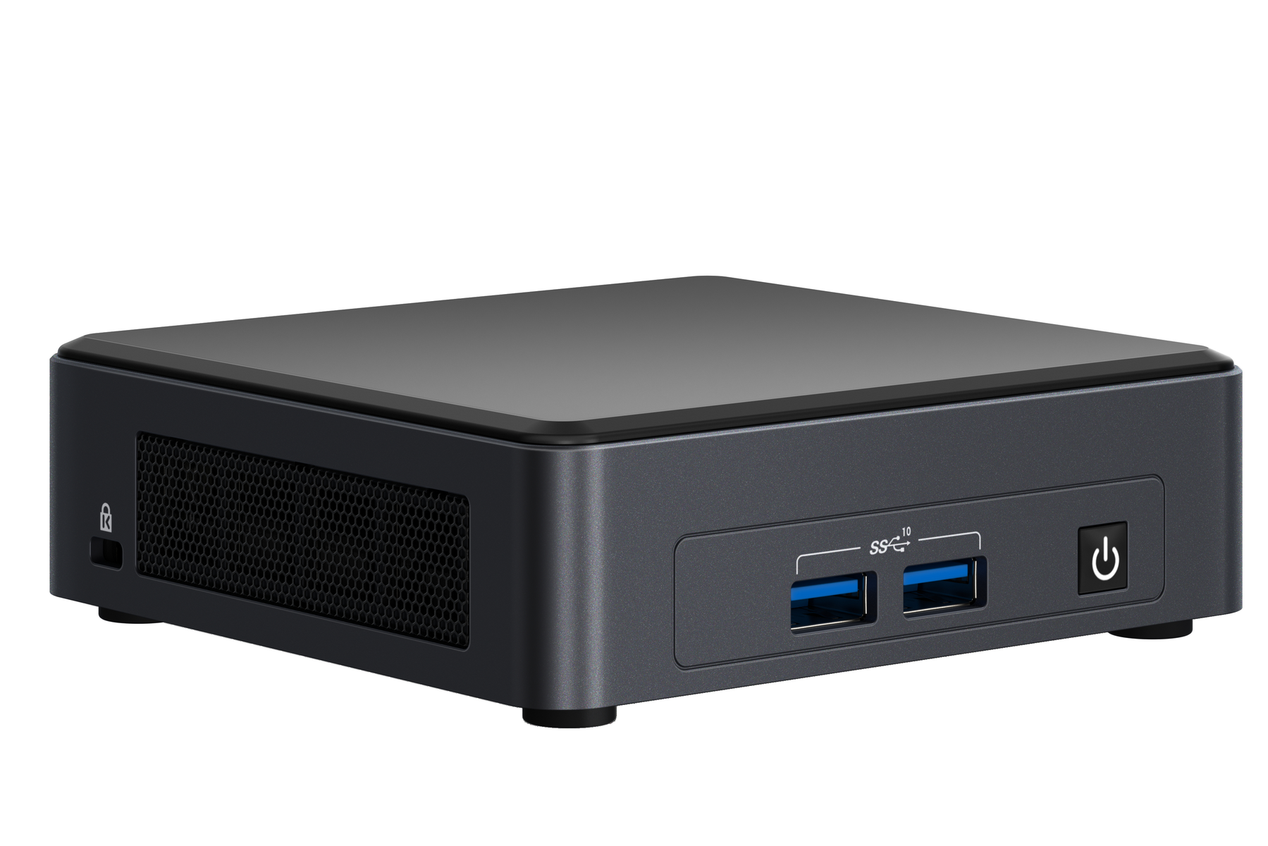 Ein kleiner, schwarzer Computer. Vorne zwei USB-Anschlüsse und ein Einschaltknopf. Seite mit Schloss.