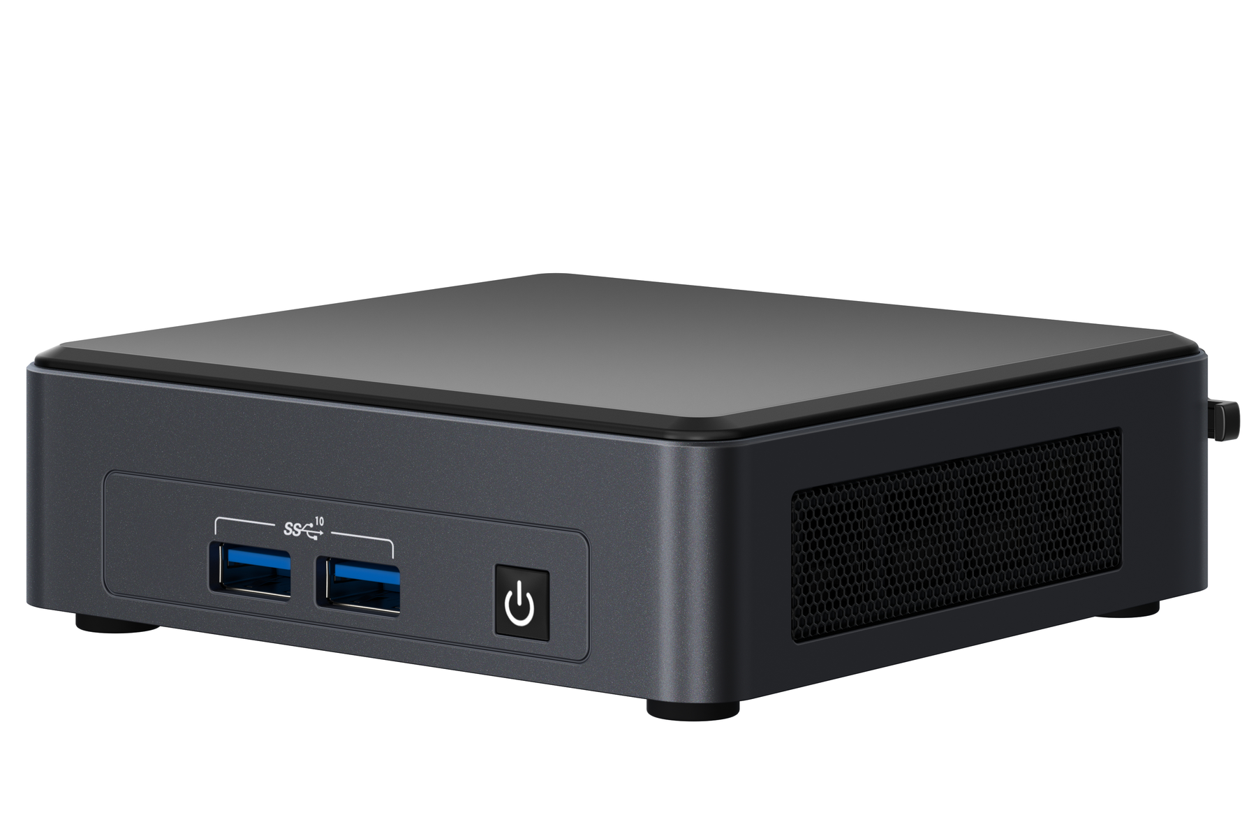 Ein kleiner, dunkelgrauer Computer steht auf einer weißen Oberfläche. Er hat Anschlüsse auf der Vorderseite und einen Ein- / Aus-Schalter.