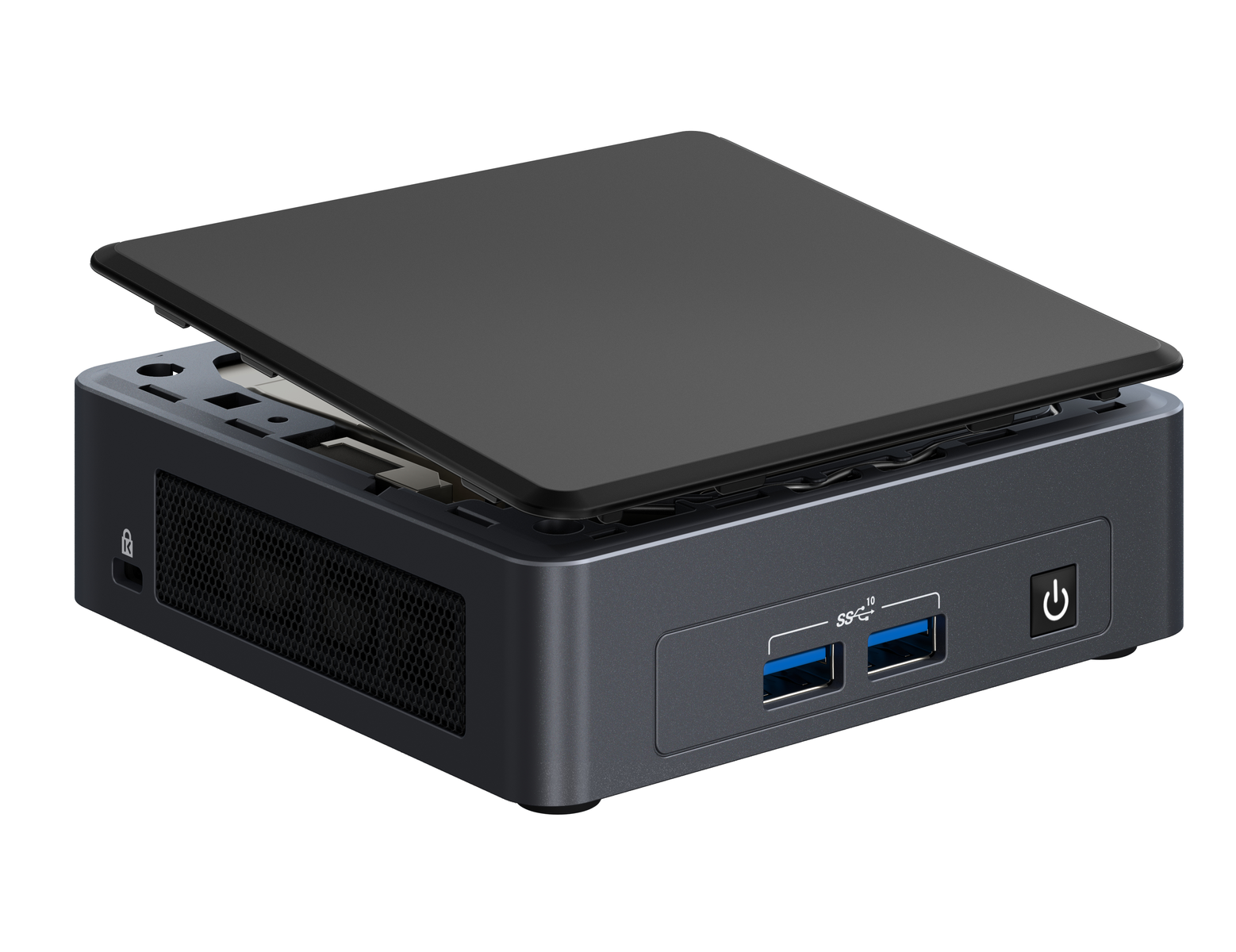 Kleiner schwarzer Computer mit teilweise geöffnetem Deckel. Er hat USB-Anschlüsse und einen Einschaltknopf.