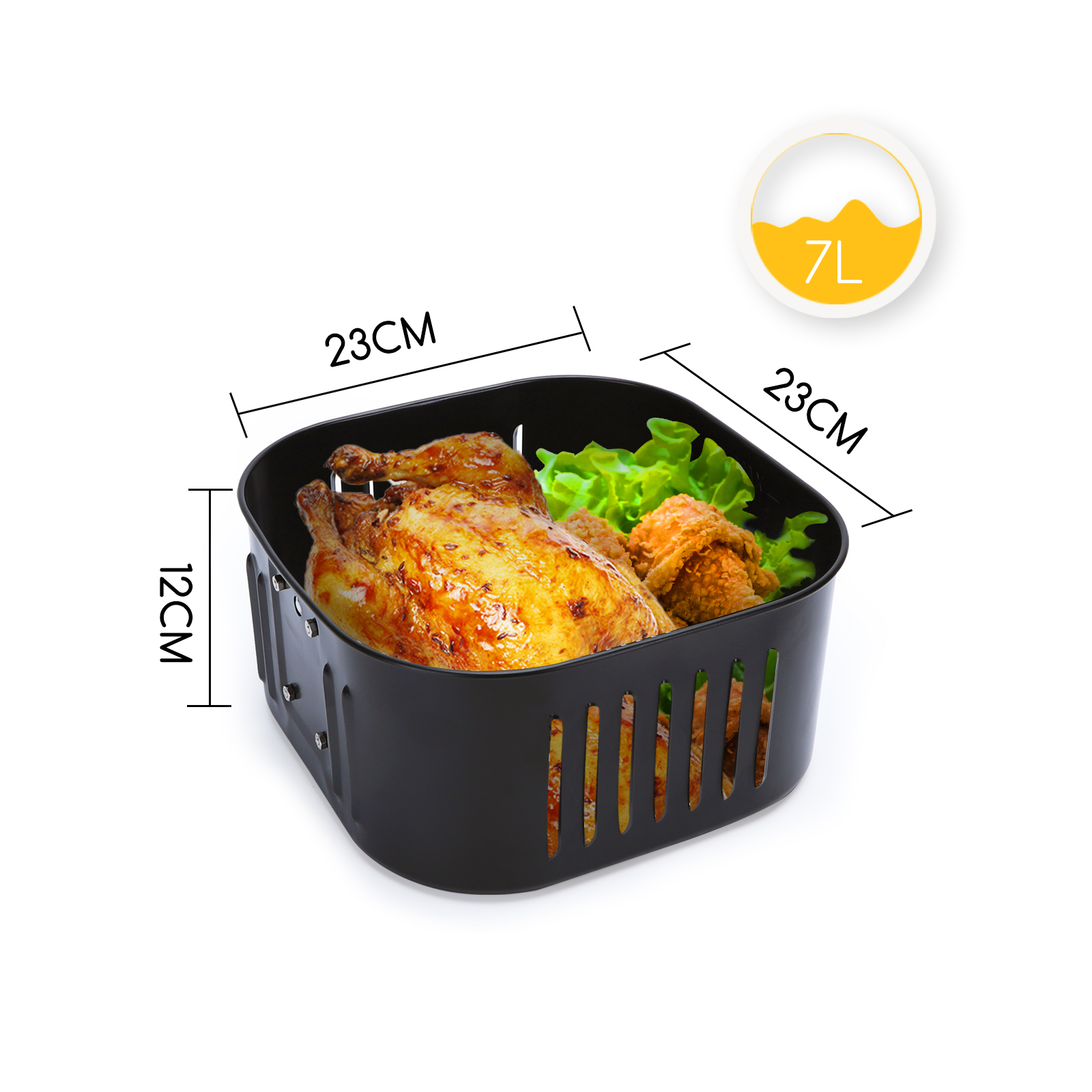 Cesta de freidora de aire negra con pollo asado y comida frita. Las dimensiones son 23x23x12 cm.
