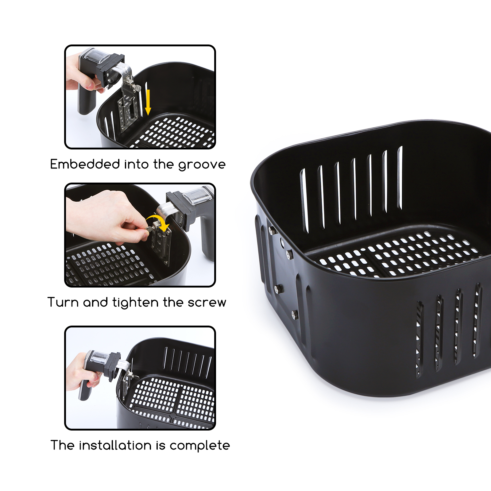 Instrucciones para instalar una cesta de freidora, mostrando pasos con cesta y asa negra.