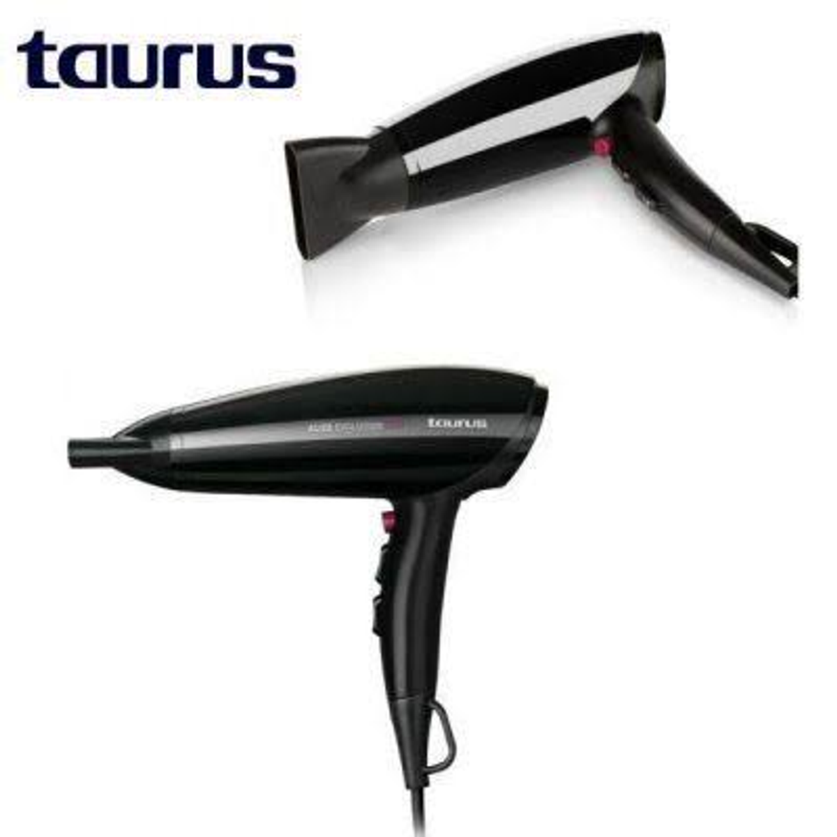 Dos secadores de pelo Taurus negros. Uno está en ángulo, el otro está de lado.