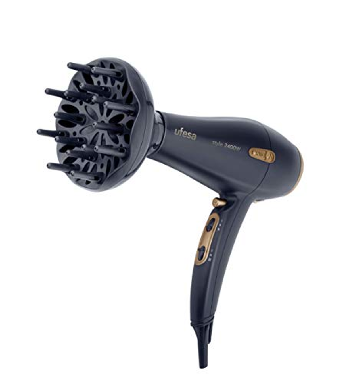 Czarna i ciemnoniebieska suszarka do włosów Ufesa z nasadką dyfuzyjną. Złote akcenty na uchwycie.