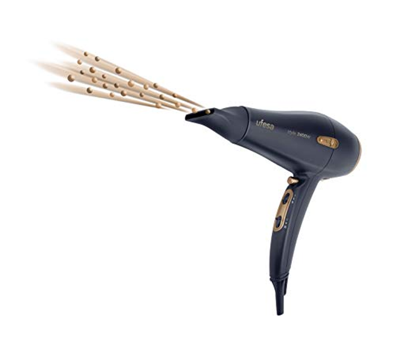 Czarna i złota suszarka do włosów Ufesa z cząsteczkami powietrza. Design jest elegancki.