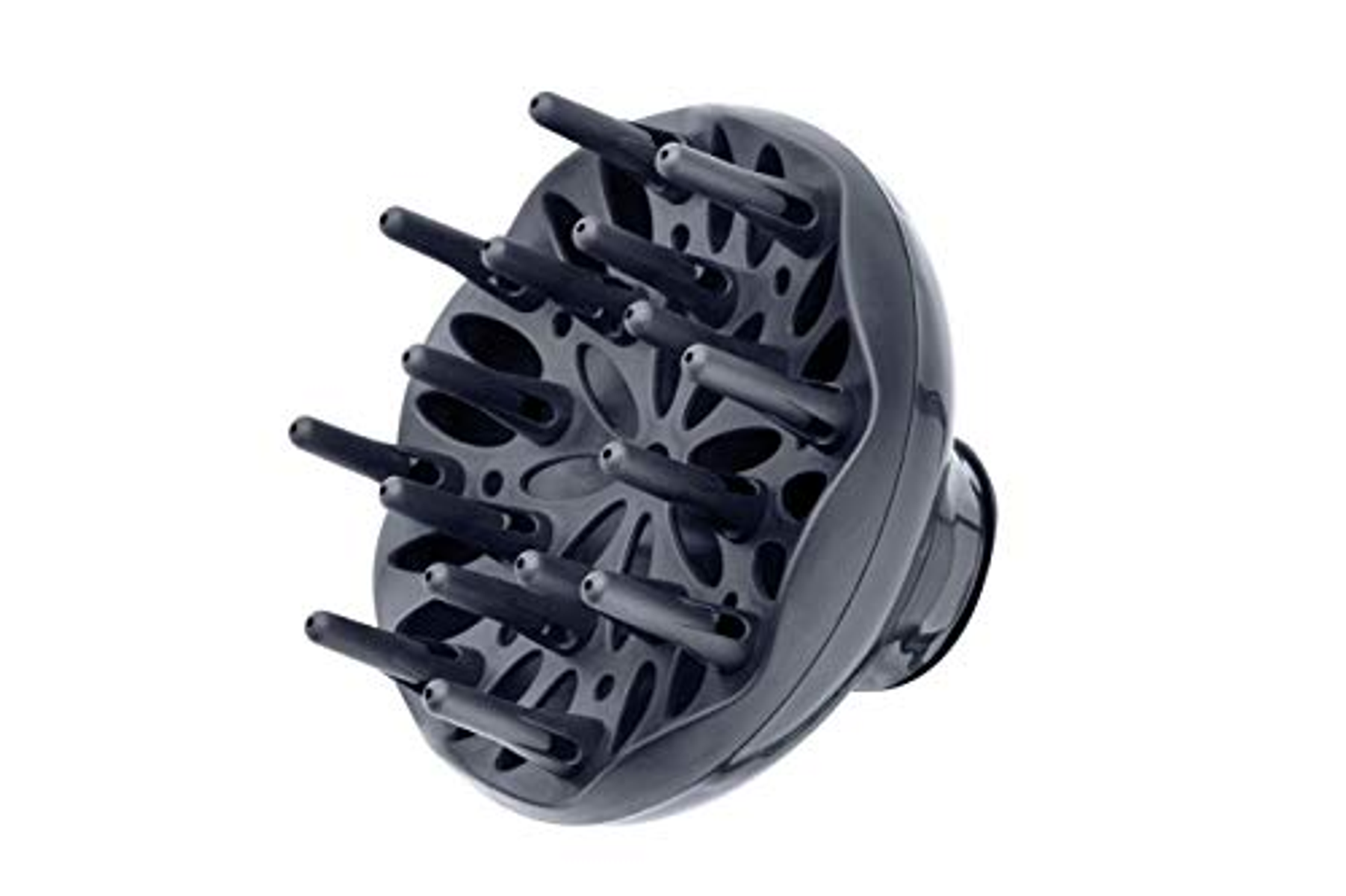 Czarny dyfuzor do włosów, z wieloma małymi ząbkami, skierowany w stronę widza.