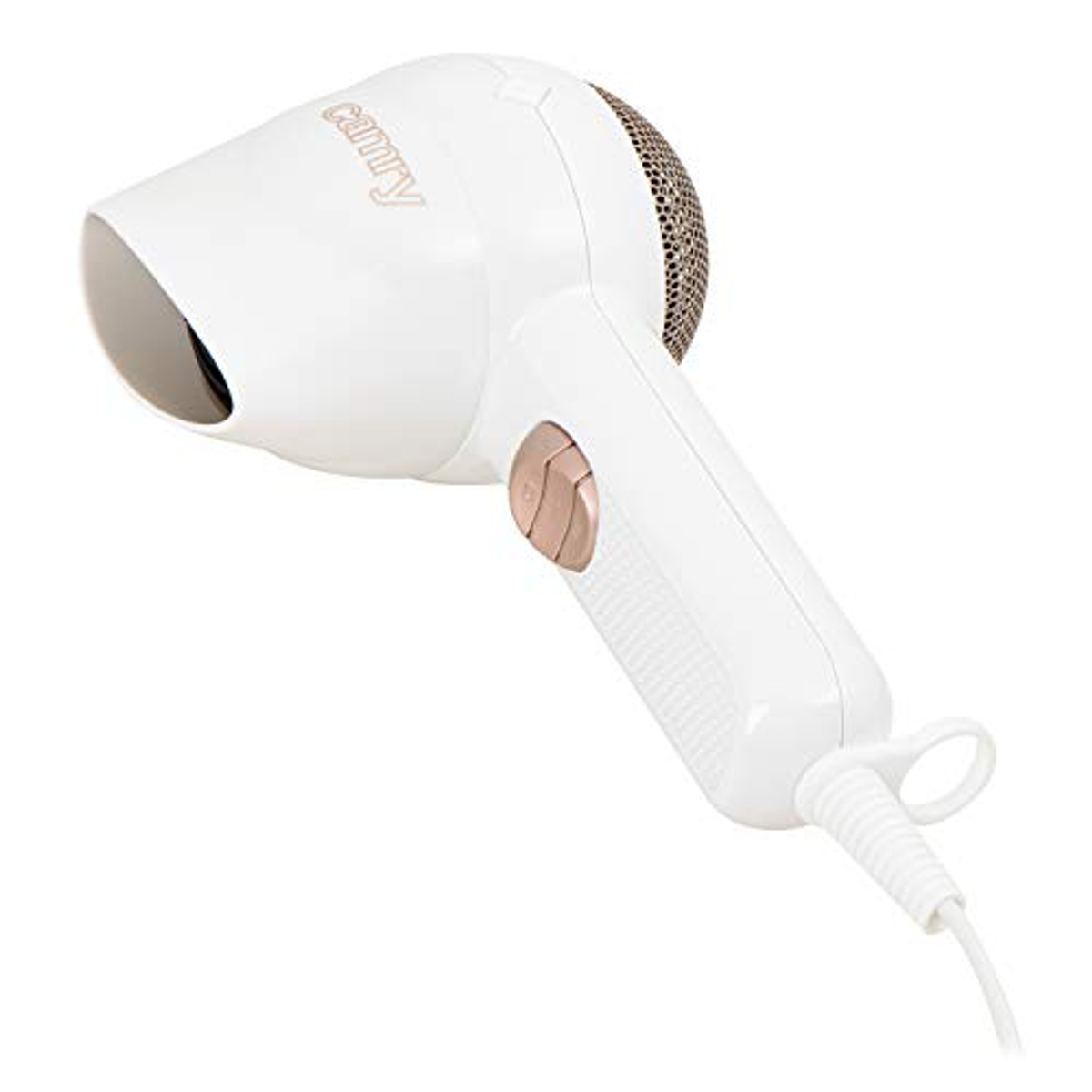 Asciugacapelli bianco con bottone e manico color oro rosa, su sfondo bianco.