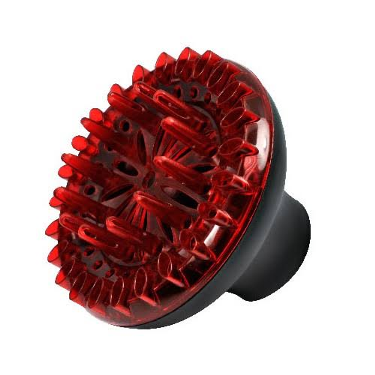 Un difusor de secador de pelo rojo y negro. Es redondo con muchas púas rojas y sobre un fondo blanco.